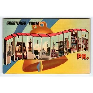 Vintage Large Letter Greetings From Philadelphia PA Linen Postcard Liberty Bell
